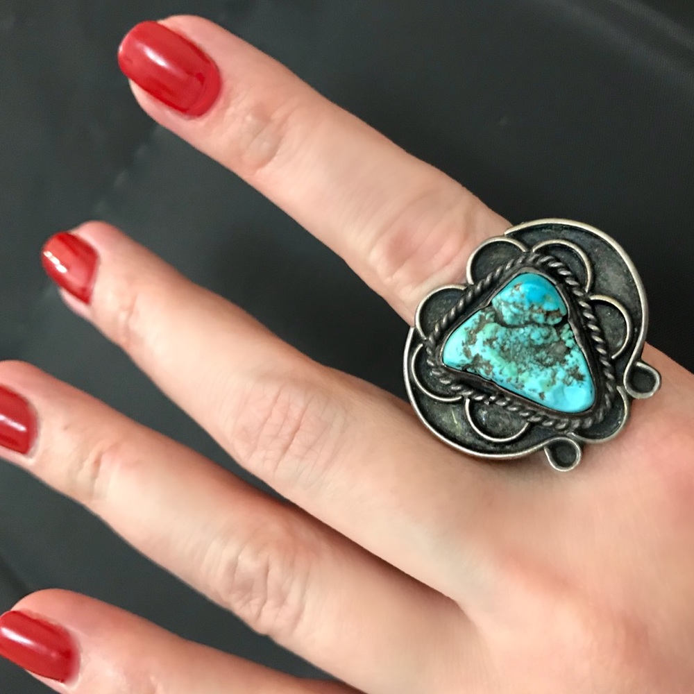 Silver Vintage Handmade Ring with Turquoise S 9.5